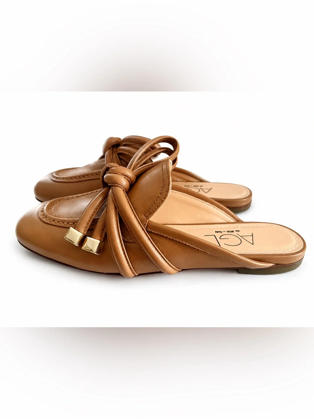 Agl Ribbon Mule Leather Mule flats cocoa brown leather shoes size 36.5 NEW